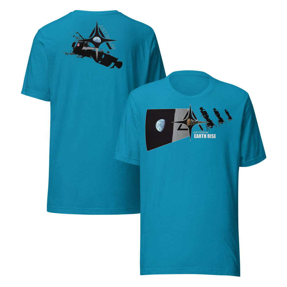 Earth Rise tee front and back in aqua with lunar spacecraft artwork