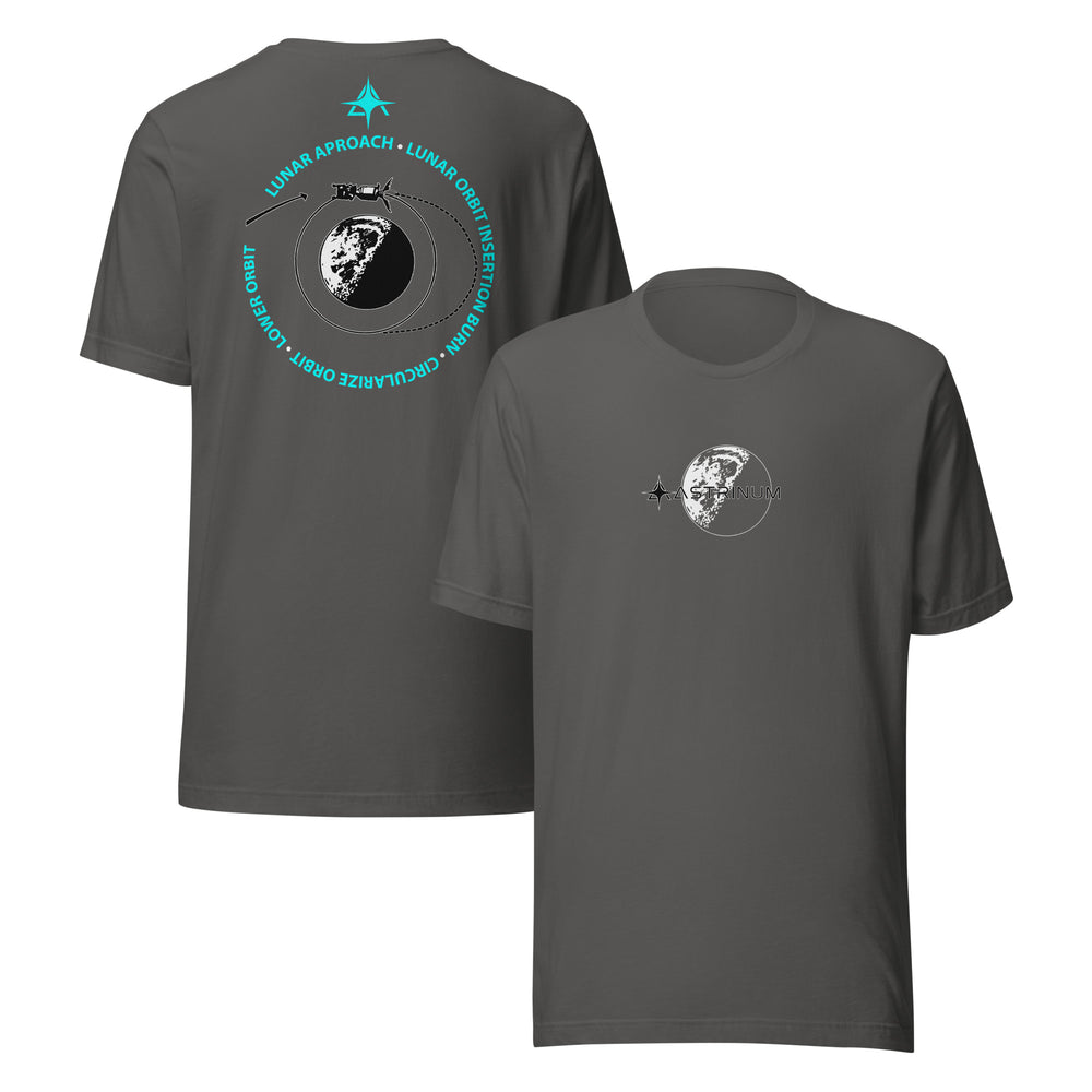 Lunar Orbit tee, front and back in asphalt with turquoise orbital diagram